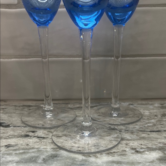 THREE Elegant Blue Etched Champagne Flutes - Picture 5 of 15